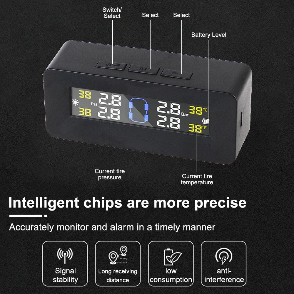 Car TPMS Tyre Temperature Monitor Tire Pressure Monitoring System 4 Sensors Digital LCD Display Solar/USB Powered Auto Security Alarm Systems