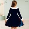 Girls High Neck Long Sleeve Printed A Line Flared Dress Red Blue White Furry Trim Bow Decor