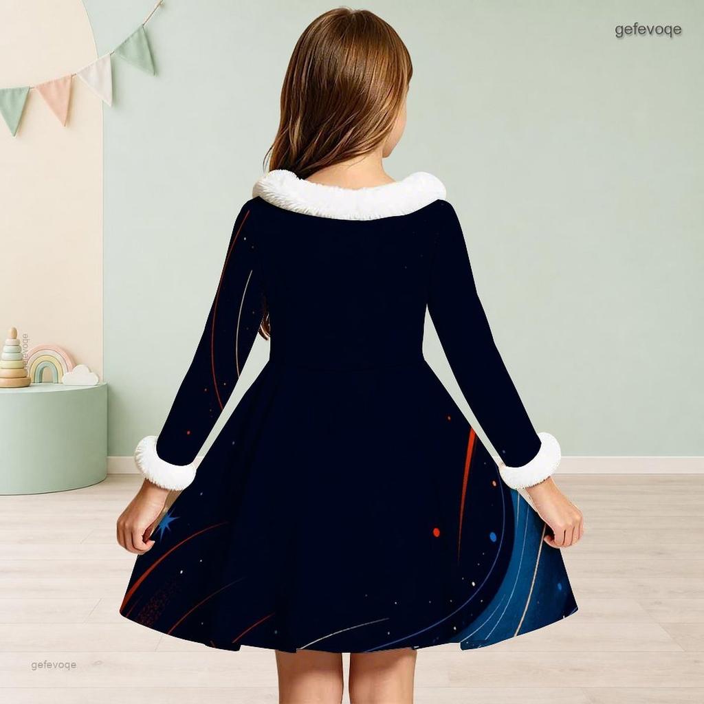 Girls High Neck Long Sleeve Printed A Line Flared Dress Red Blue White Furry Trim Bow Decor