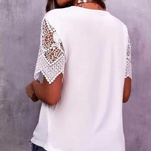 YYFS Women's Fashion Casual Summer Solid Color Print Lace Short Sleeve V-Neck Loose Blouses & Shirts