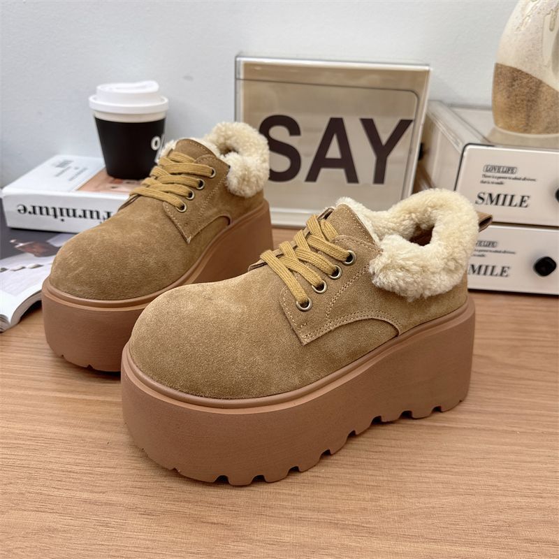 Height Increase and Thin Fluffy Shoes Bag Head Big Head Half Drag Women's Shoes Versatile Muffin Velvet Boken Shoes 2025 Autumn and Winter