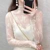 Mesh Transparent T-shirt Hollow Lace Floral  Shirts Elegant Lace Bottomed Blouse  Girls