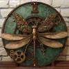 Steampunk Libelle Metall Wandkunst, Vintage Aluminiumschild mit Zahnrädern und floralen Akzenten, Rustikal Bronze und Grün Dekorativ