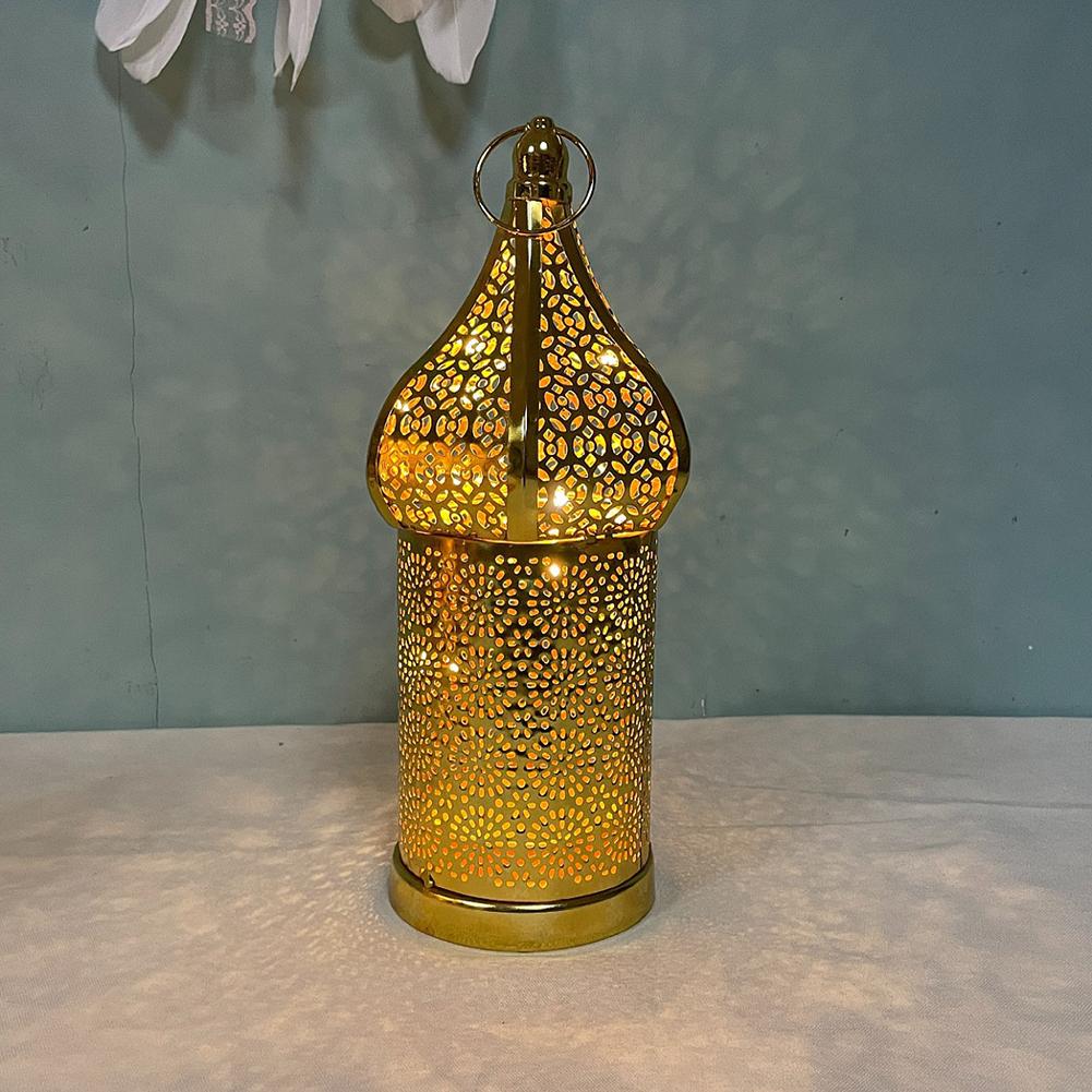 

Christmas Moroccan Retro Golden Hollow LED Wind Lamp Iron Lantern Hotel Home Bedroom Living Room Atmosphere Decor Lamps