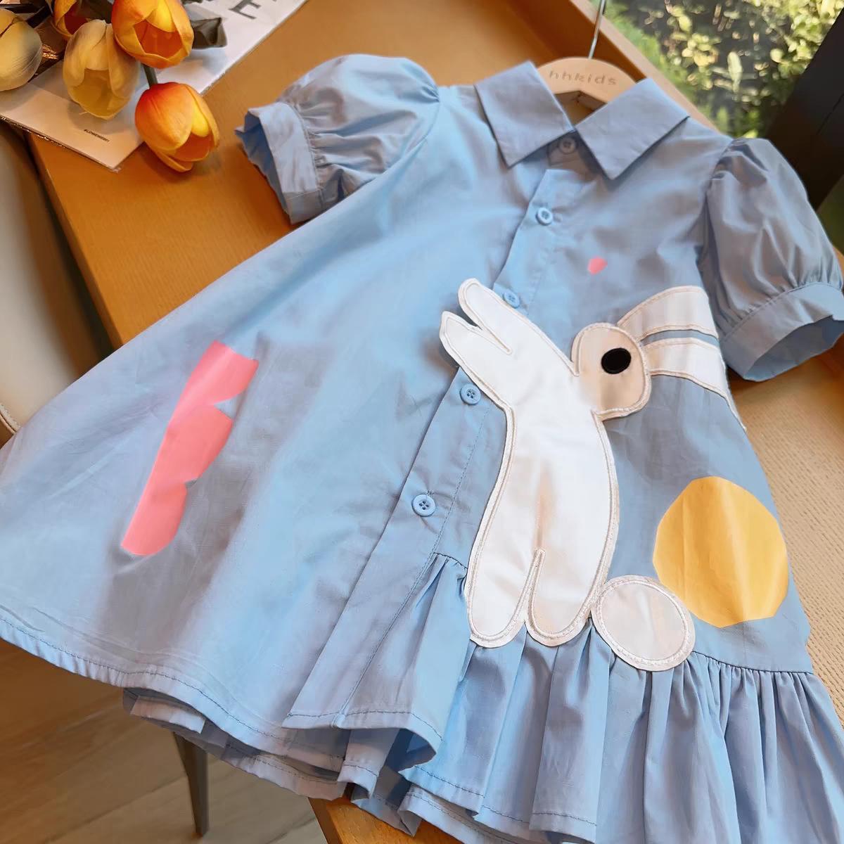 Girls Summer Cotton Bubble Sleeve Shirt Dress Cute Cartoon Rabbit Princess Dress For Kids 90cm
