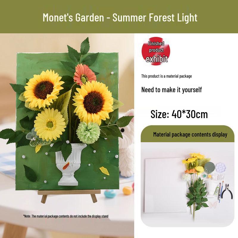 3D French Flower Arrangement DIY Kit: Monet’s Garden Oil Painting with Preserved Flowers & Plaster Ornaments - Ideal for Team Building Activities