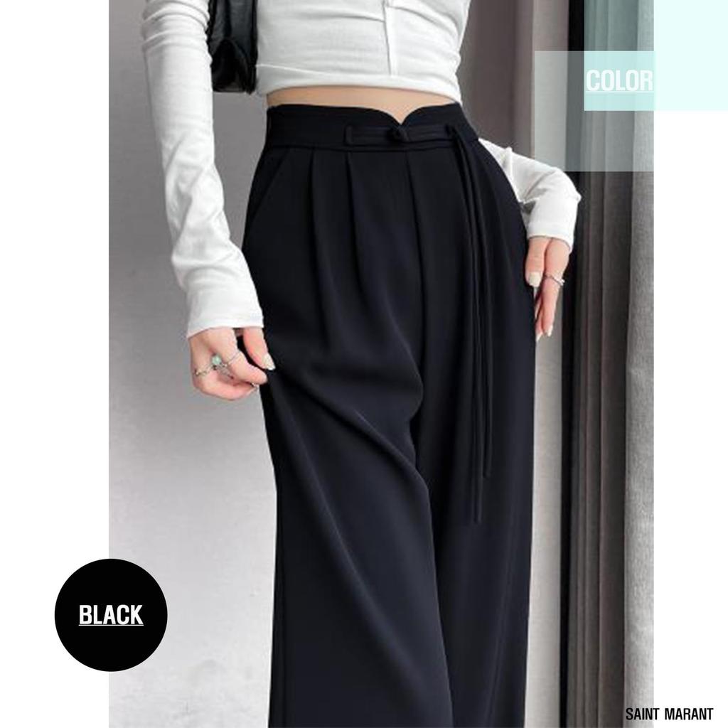 SAINT MARANT SL2420 Fashion Casual Banded Wide Leg Casual Pants with High Long Office Four Seasons Women's Belt, Waist, Black, Slacks, Suit, Stylish,