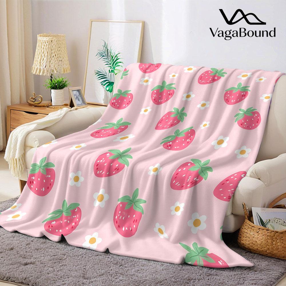 Pink Strawberry Print Flannel Blanket Warm Soft Halloween Christmas Decorative Couch Warm Cozy All-Season Gift