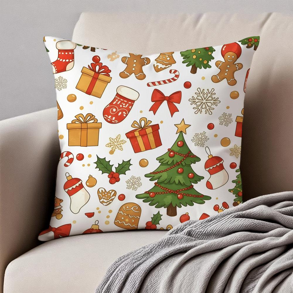Christmas Illustration Festive Cushion Cover Pillowcase Antidustmite Invisible Zipper Short Plush Sofa Cushion