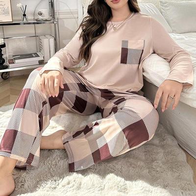 Retro Color Block Plus Size Women's Pajama Set - Spring/Autumn Long Pants with Round Neck