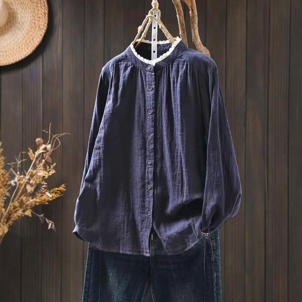 Women Long Sleeve Cotton Shirt Arrival Autumn Vintage Style Lace Stand Collar Loose Female Casual Shirts