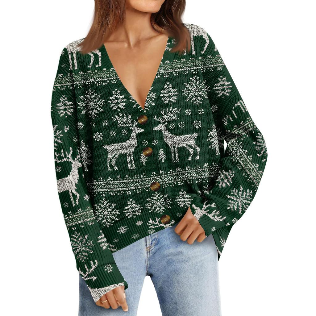Women's Fashion Long Sleeve Christmas Print V-Neck Button Loose Cardigan Top