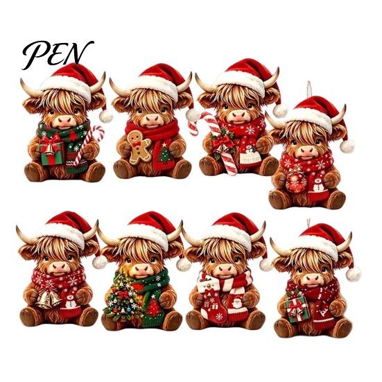 Lightweight Wooden Tree Ornaments Highland Cow Christmas Ornament Set, 2D Flat Creative Set Hanging Decor with String, Holiday Party Decoration