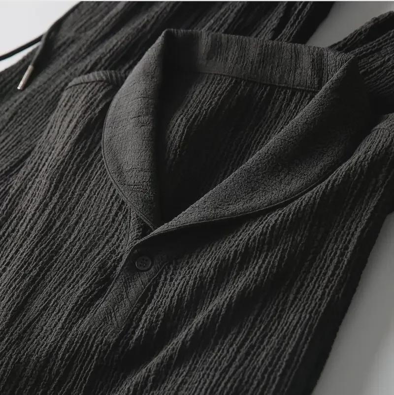 Costum sport din două piese pentru bărbați, de lux, lejer, pliat - Cămașă și pantaloni cu mânecă scurtă cu rever respirabil