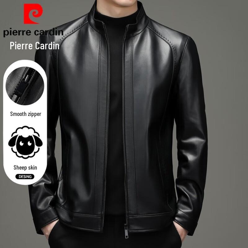 Pierre Cardin Men s Lambskin Stand Collar Biker Jacket L