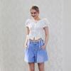 Tuck Flare Embroidery Denim Shorts Blue Es2odq02