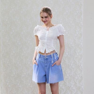 Tuck Flare Embroidery Denim Shorts Blue Es2odq02