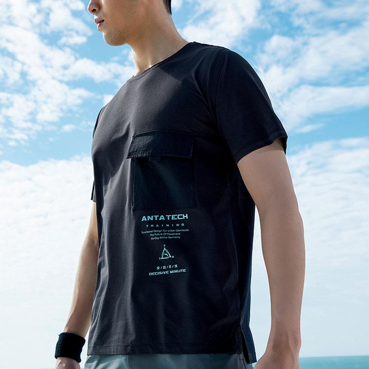 Anta Letter Pocket Casual Crew Neck T-Shirt Men Tops Black 952227109-4