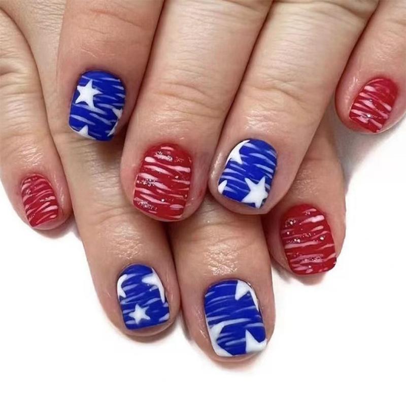 

24 Pcs Flag Day Artificial Nail Short Square Full Cover False Nail Matte Stick on Nail 4th of July Press On Nail 1