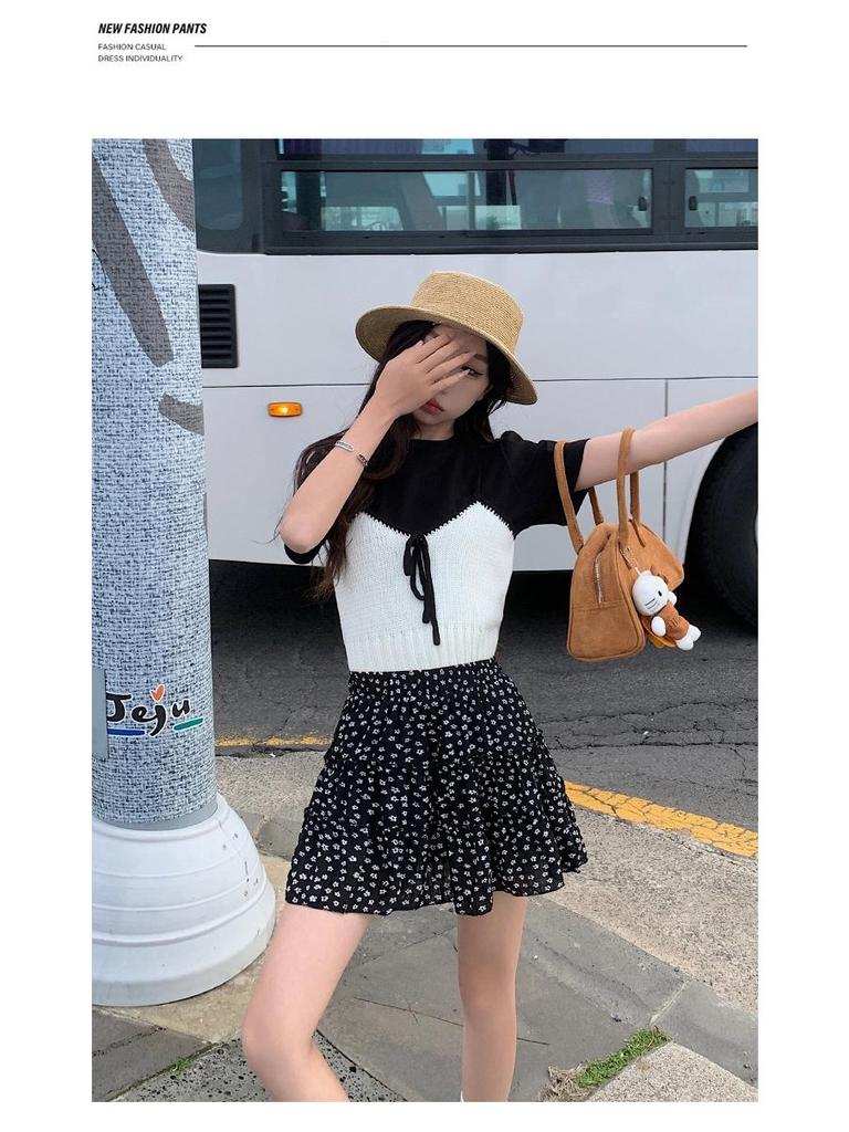 Women's French Floral A-line Cake Skirt - Summer Korean Style, High Waist, Slimming, Elastic Waist, Petite Half Skirt