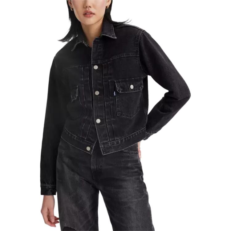 Levis Lapel Single-Breasted Short Fashion Versatile Long Sleeve Denim Jacket Women Jackets Black A5884-0002