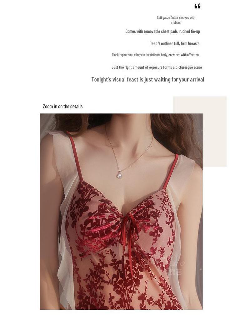 Gorgeous Jacquard Low-Cut Push-Up Backless Nightgown & Robe Set with Pads - Pure Temptation