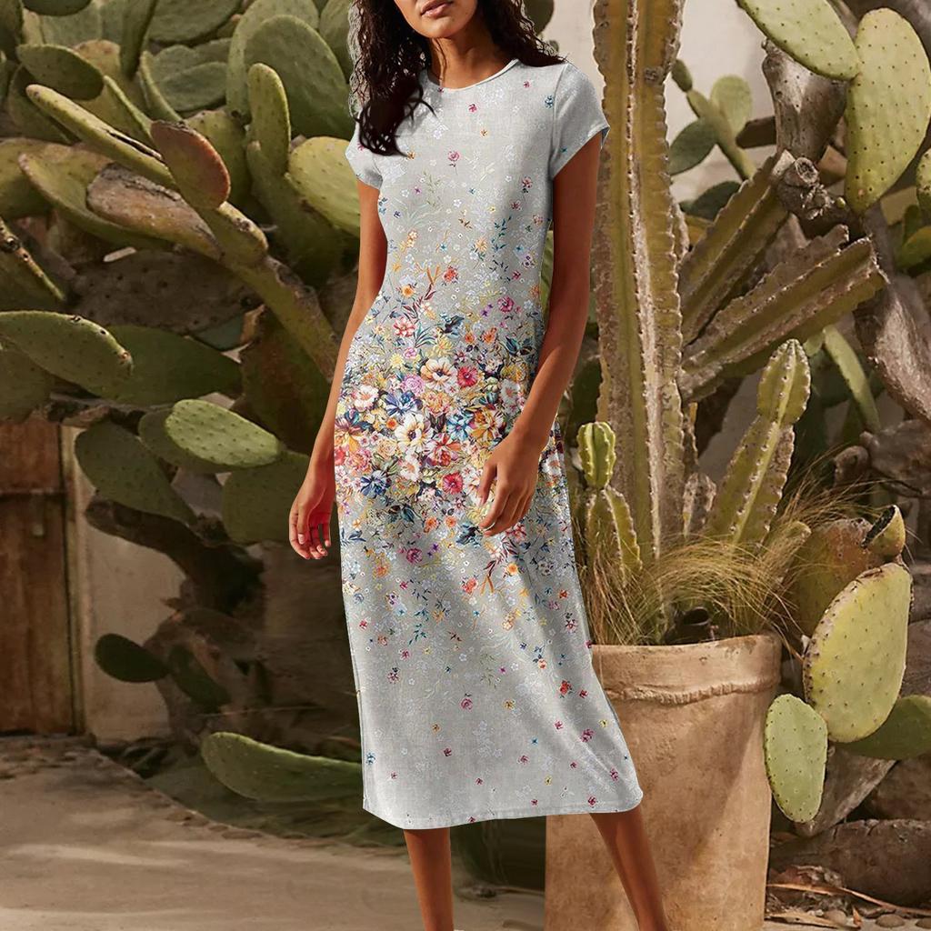 Women's Spring Summer Short Sleeve Cowl Neck  Flowy  Midi Dresses Party Dress