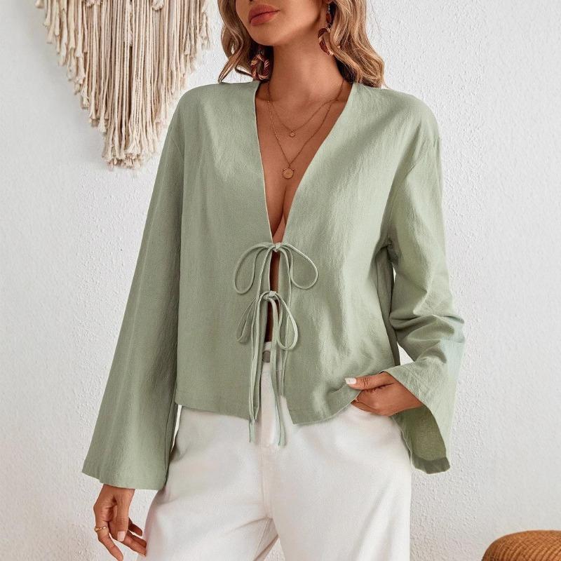Módní dámská šněrovací košile s dlouhým rukávem, ležérní volná košile s výstřihem do V, s krajkovými průstřihy, jednobarevná