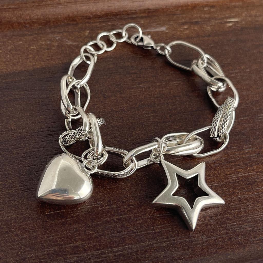 100% Solid 925 Sterling Silver Retro Bracelet for Women Men Vintage Handmade Heart Star Tassel Patern Bracelet Birthday Gift