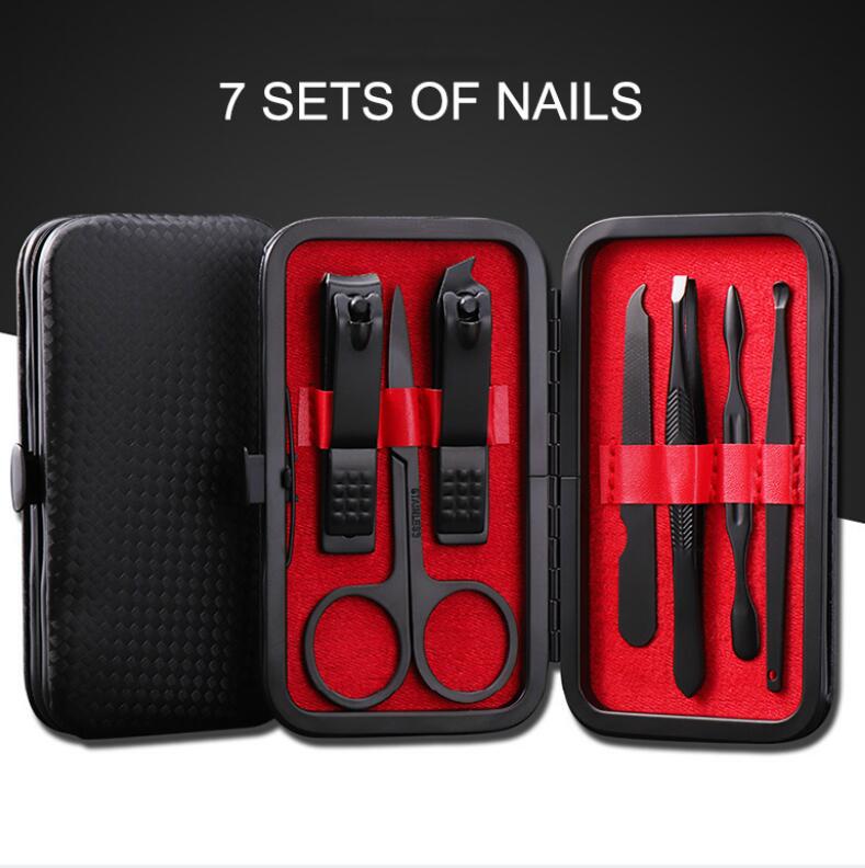 7pcs Nail Clippers Set Portable Stainless Steel Black Pedicure Scissor Tweezer Manicure Nail Tools