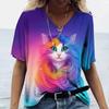 Women's T-Shirt Color Cat 3d Printing Short-Sleeved Fashion Casual Street V-Neck Oversized High-Quality Summer Women's Clothing