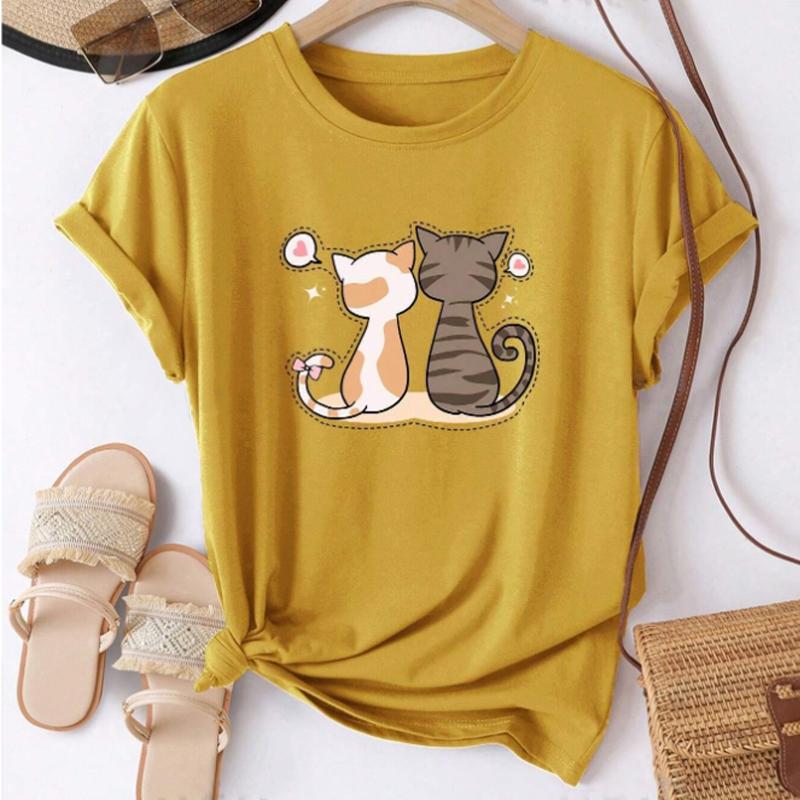 Fashion Women Cute Couple Cat Print T Shirt Funny Casual O-neck Short Sleeves T-shirt Summer Female Tee Shirt