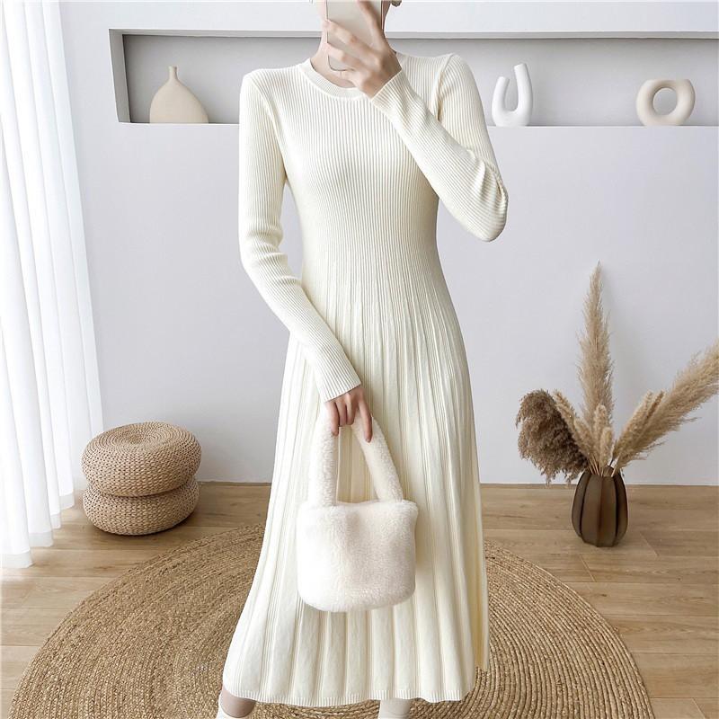 Womens Long Sleeve Knit Dress With Pleated Skirt Slim Fit Mid-Length Sweater Winter 2026