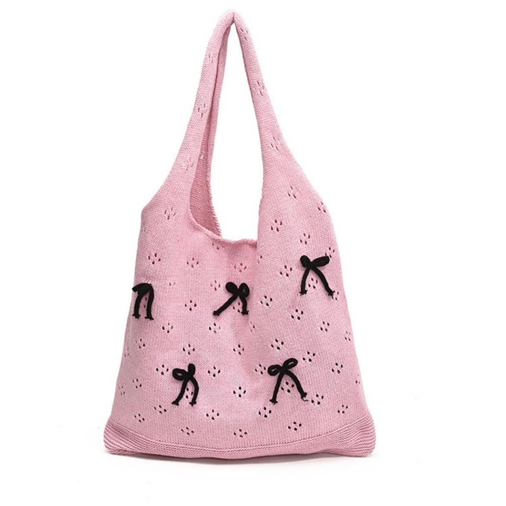 

Square Bow Knitted Shoulder Bag Hollow Beach Tote Bag Simple Knitted Crochet Handbag Shopping розовый