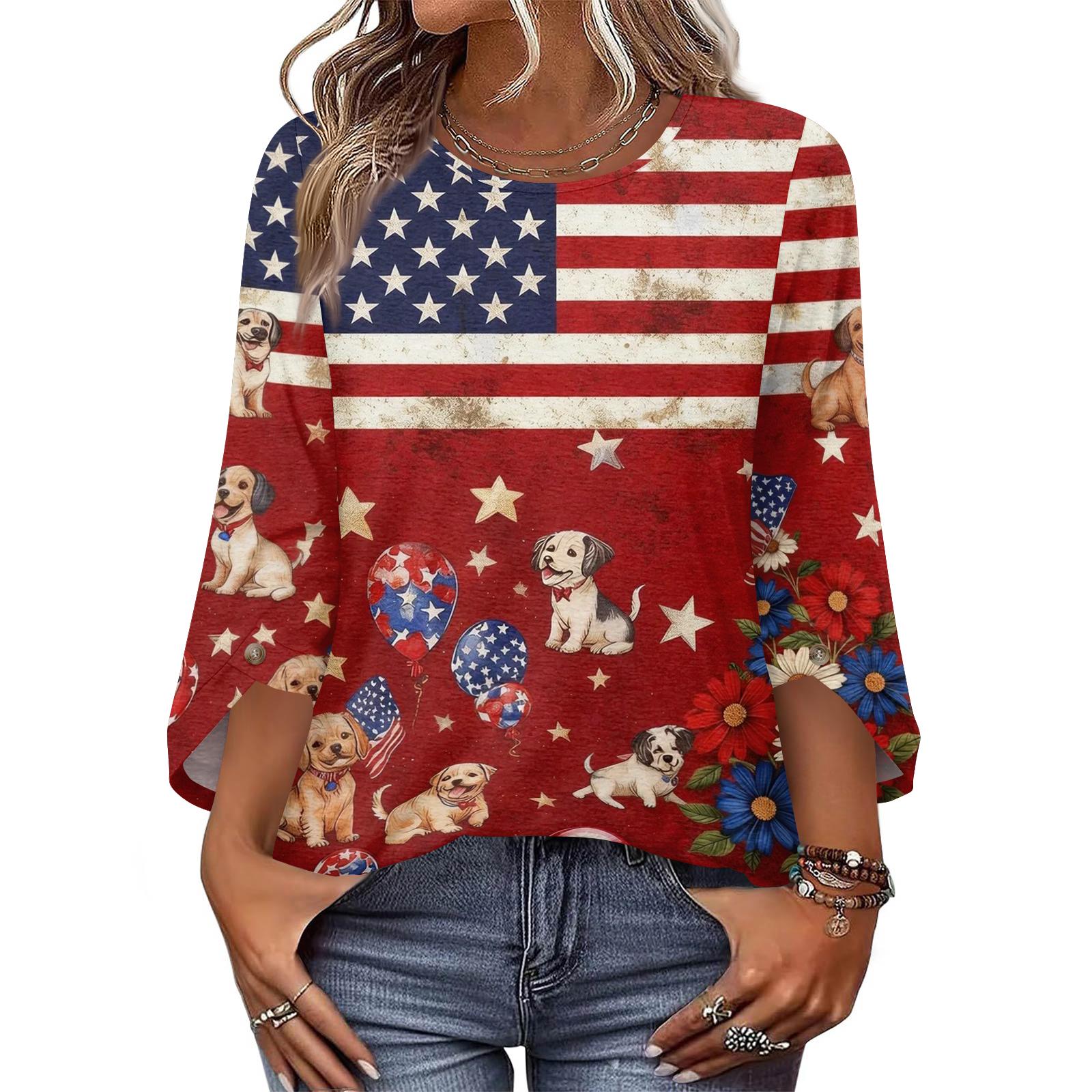 

Womens Tops 3/4 Length Sleeve Dressy Casual Blouses For Women Trendy Round Neck T Shirts XL винний