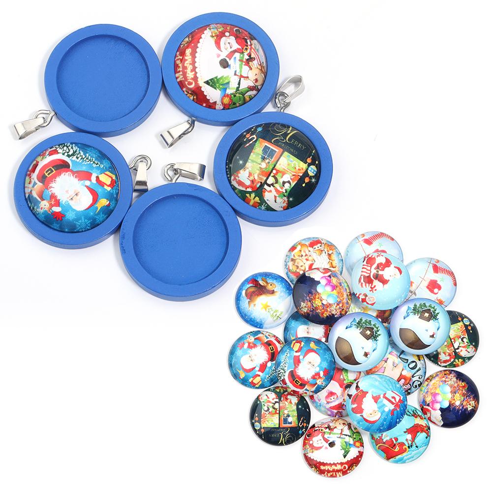 

1set/lot 25mm 5pcs Round Blank Cameo Pendant Cabochon Base Trays with 10pcs Christmas Pattern Glass Cabochon for Jewelry Making 25mm синий