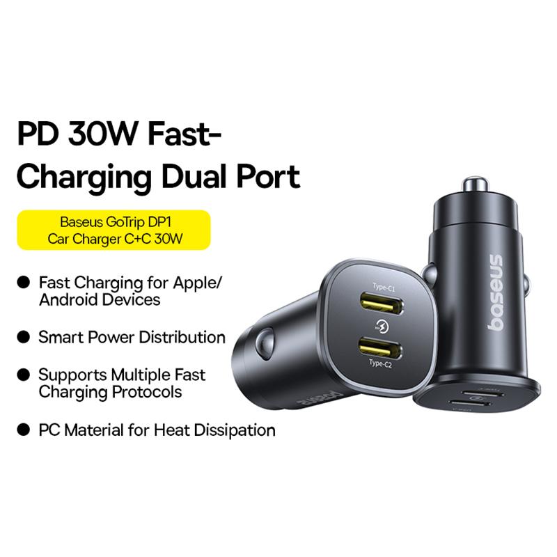 

BASEUS Gotrip Car Charger 30W Dual USB-C Fast Charging Power Adapter Black