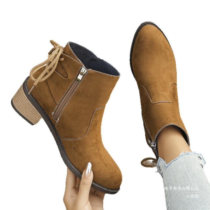 Cross-border autumn new large-size suede short tube rear lace-up Martin boots women's foreign trade simple thick heel round head fashion boots