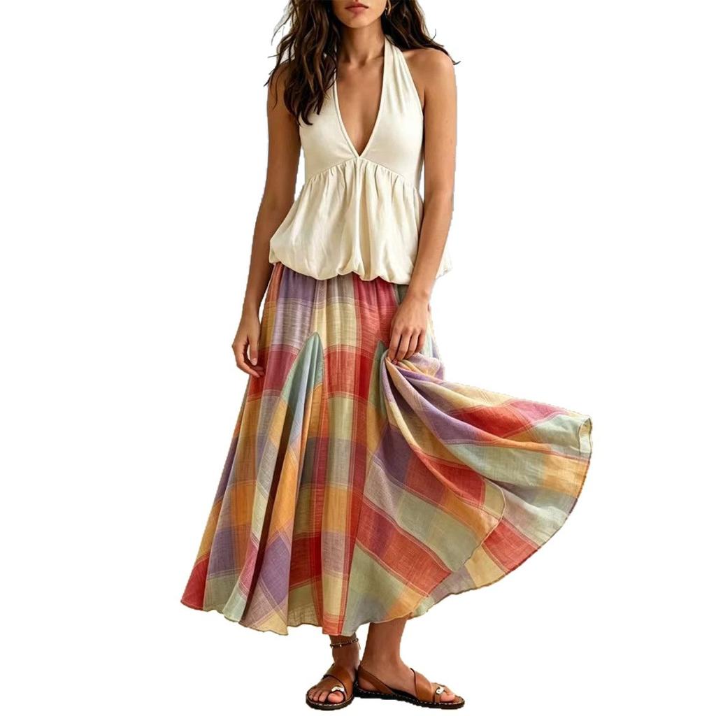 Bohemian beach vacation neck V-neck top color plaid pendulum skirt suit women