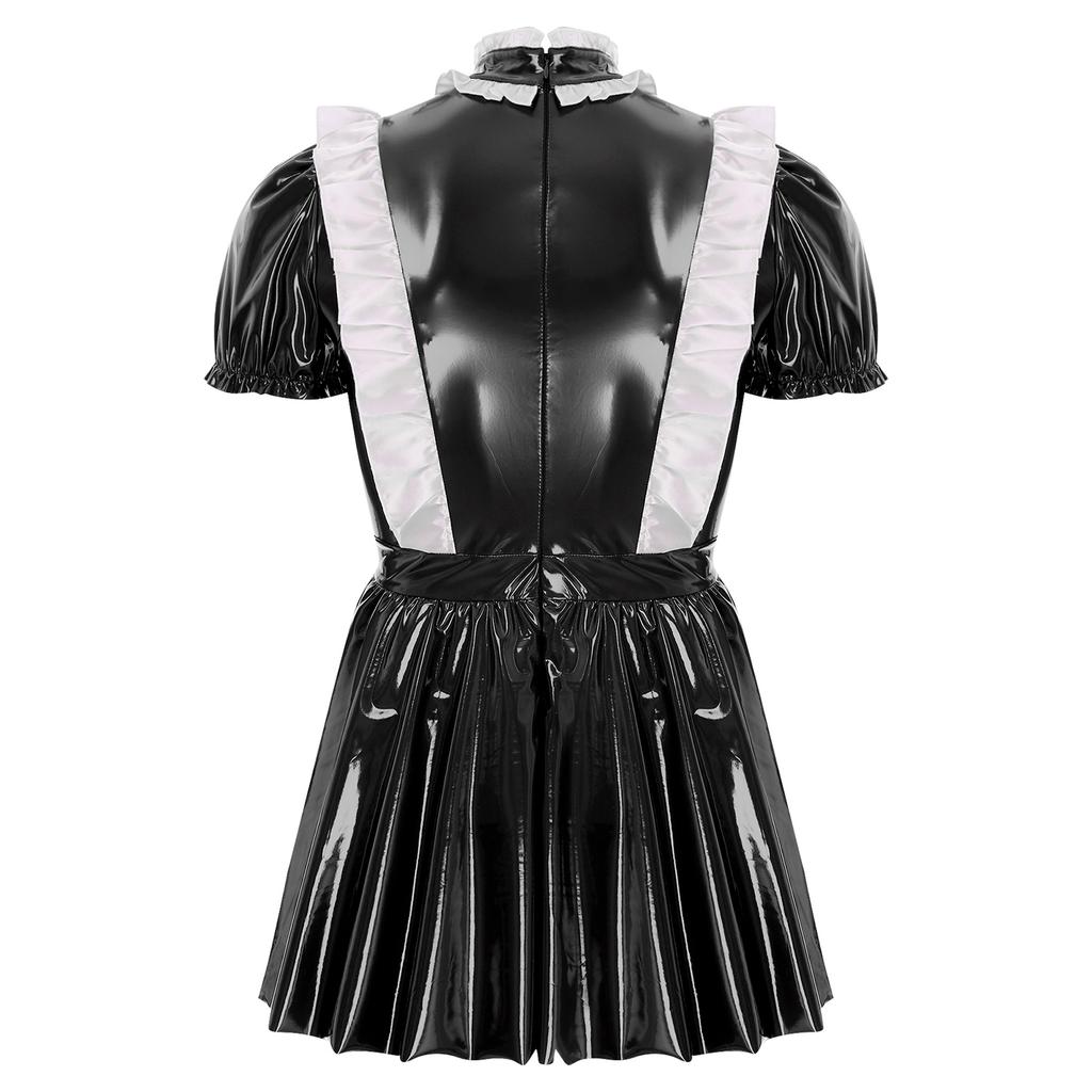 Mens Sissy Maid Dress Ruffles Trims Bow Apron Puff Sleeve A-Line Dress