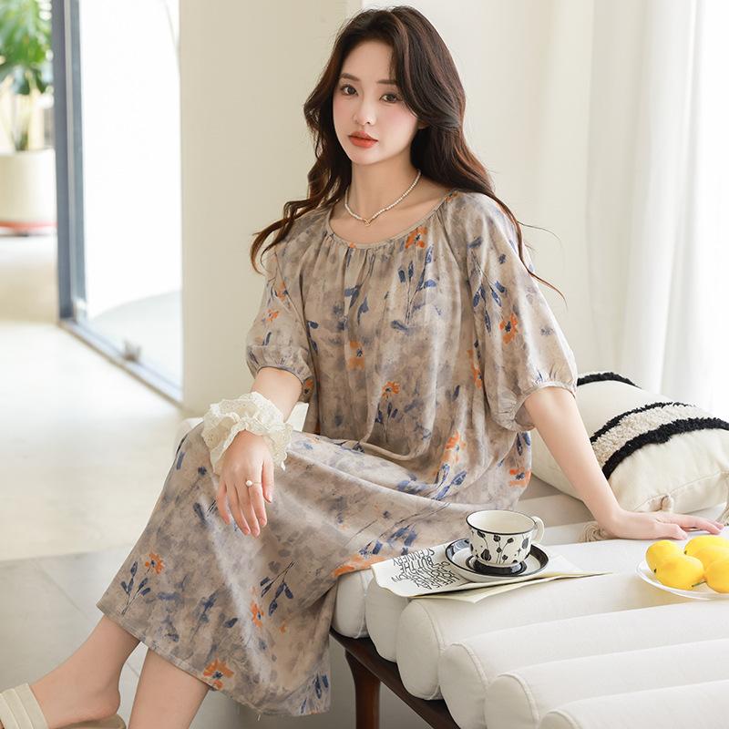 Sexy Nachtwäsche Damen Spitze Viskose Nachtkleid Kurzarm Cartoon Nachthemden Mädchen Nachthemd Einheitsgröße Nachthemd Mädchen Nachtwäsche