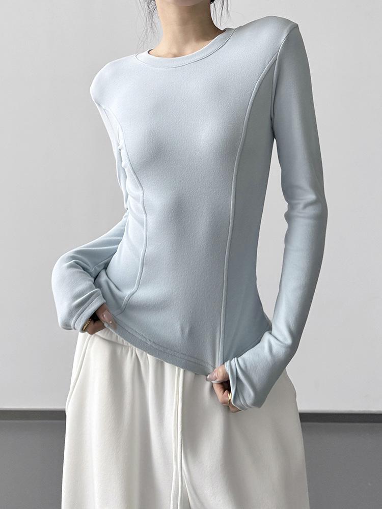 2025 Winter Women's Slim Fit Plus Velvet Long Sleeve Round Neck T-shirt