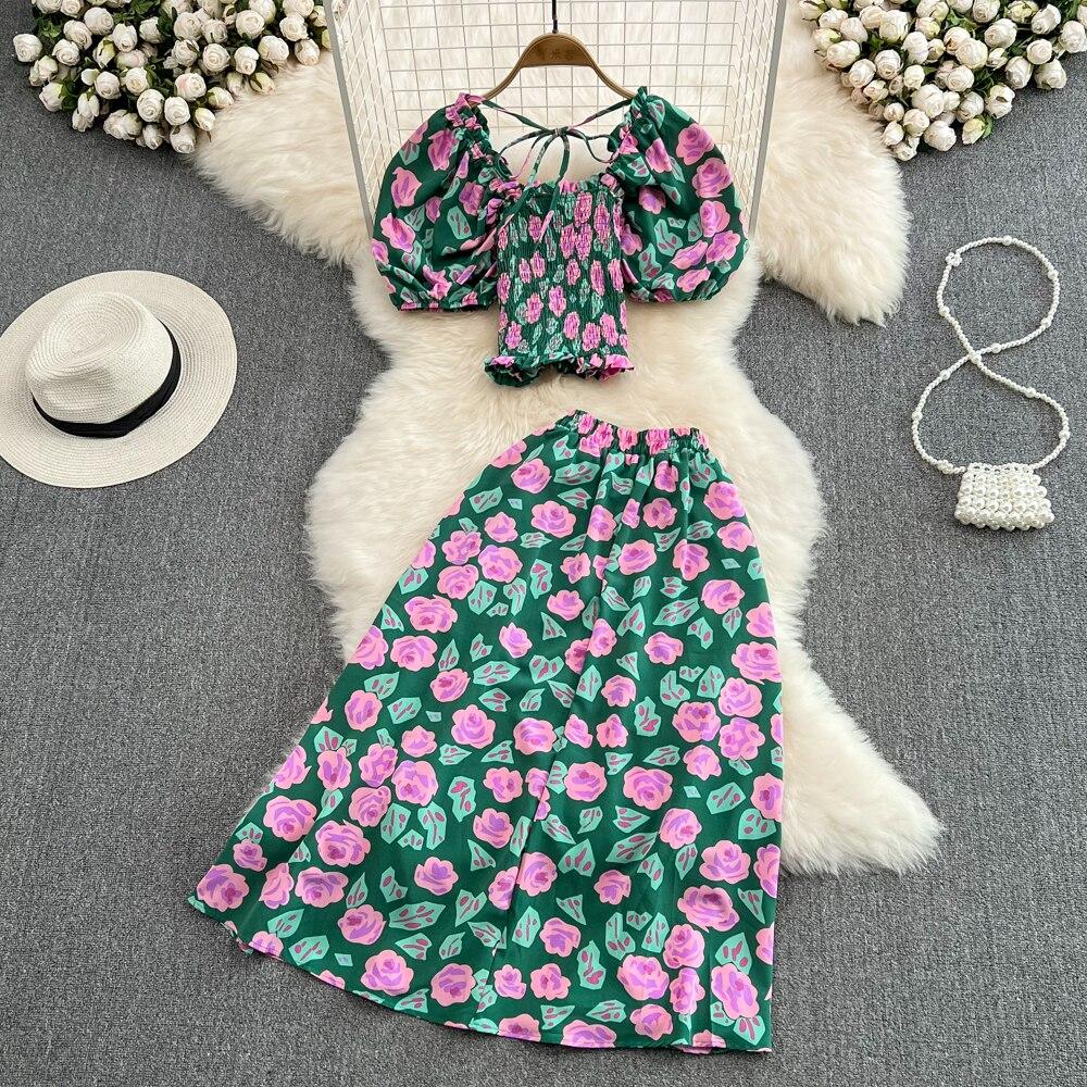 Seaside Holiday Suit Women's Neck Slim Short Top Two Piece Set High Waist Floral Split Skirt Summer New