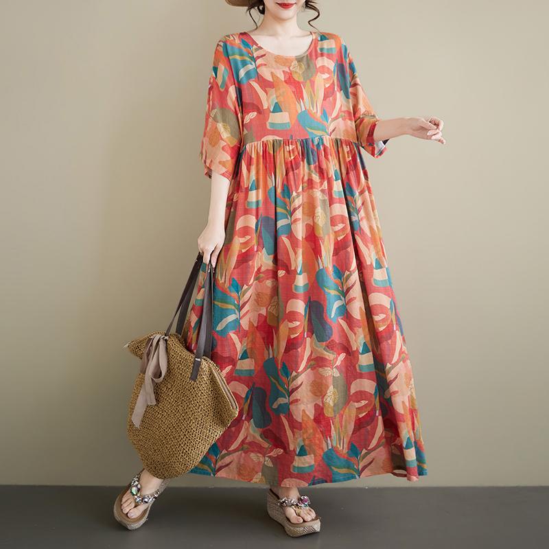 DIMANAF Neu 2026 Sommer Strand Damen Übergröße Vintage Dame Langes Kleid Locker Übergröße Maxi Blumenmuster Baumwolle Sommerkleid
