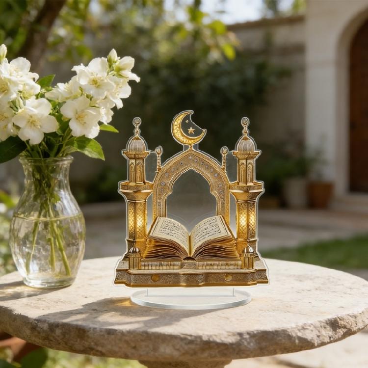 Islamic Eid Mubarak 2D Moon Castles and Quran Acrylic Table Sign Ornament for Ramadans Muslims Party Centerpieces Decors