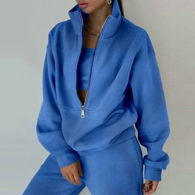 Women Solid Color Long Sleeve Stand Collar Hoodies Suit Autumn Winter Loose Top Wide Leg Pants
