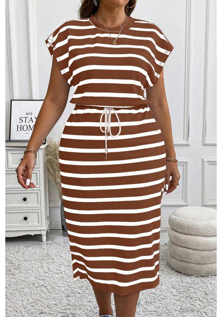 Europäisches & Amerikanisches Gestreiftes Schnürkleid für Damen mit taillierter Taille & Rundhalsausschnitt.