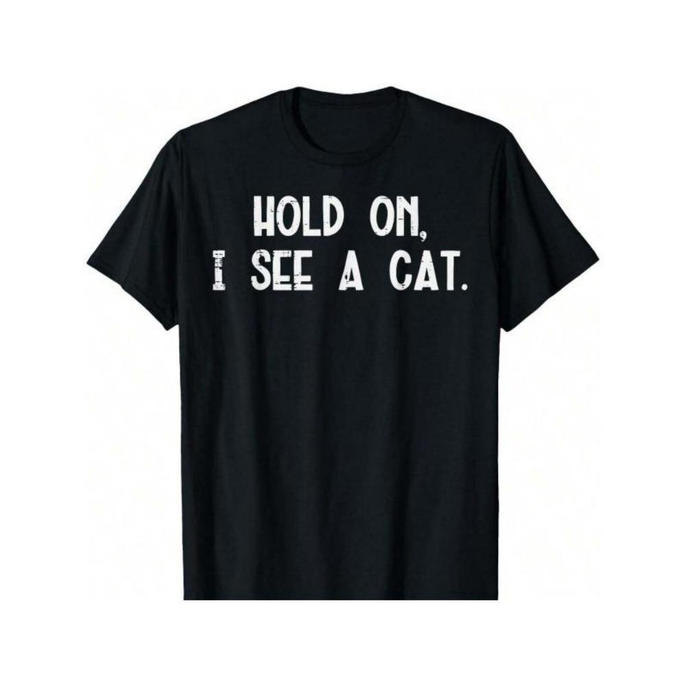 

European Sizes Men Funny _Hold On I See A Cat_ T-Shirt - Cat Lover Graphic Tee with Paws, All-Season Casual Shirt S чёрный