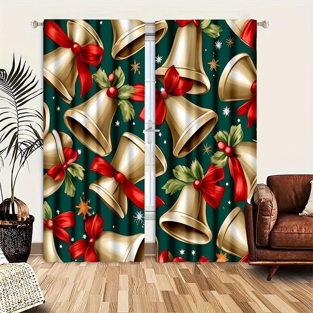 Christmas Bell Print Curtains Polyester Satin Artistic Classic Style Home Decor for Living Room and Bedroom Window Drapes 2pcs