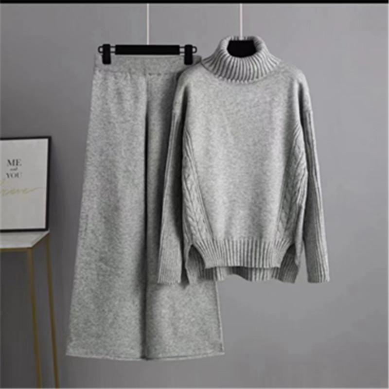 Autumn and Winter High Collar Split Thick Sweater Wide Leg Pants Two-piece Set Lazy Style Loose Knit Suit for Women
